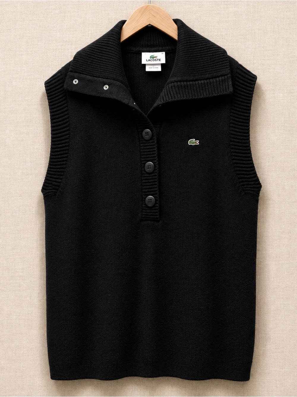 Lacoste Black Cotton Wool Long Sweater Vest Snap V-Neck Tunic Size 46